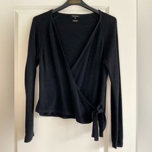 Massimo Dutti v-neck wrap top/sweater with bow tie — size M, black/silver thread